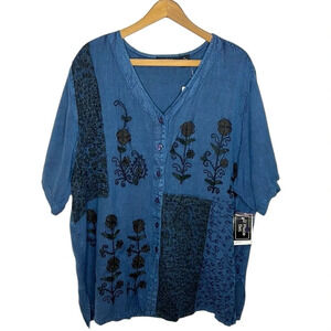 Chainstitch Embroidered Floral Art To Wear Artsy Rayon Button Down Blouse